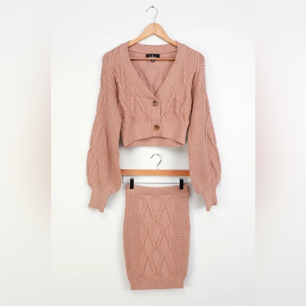 Lulu's Blush Pink Cable Knit Sweater and Skirt Two Piece Set - Picture 2 of 16